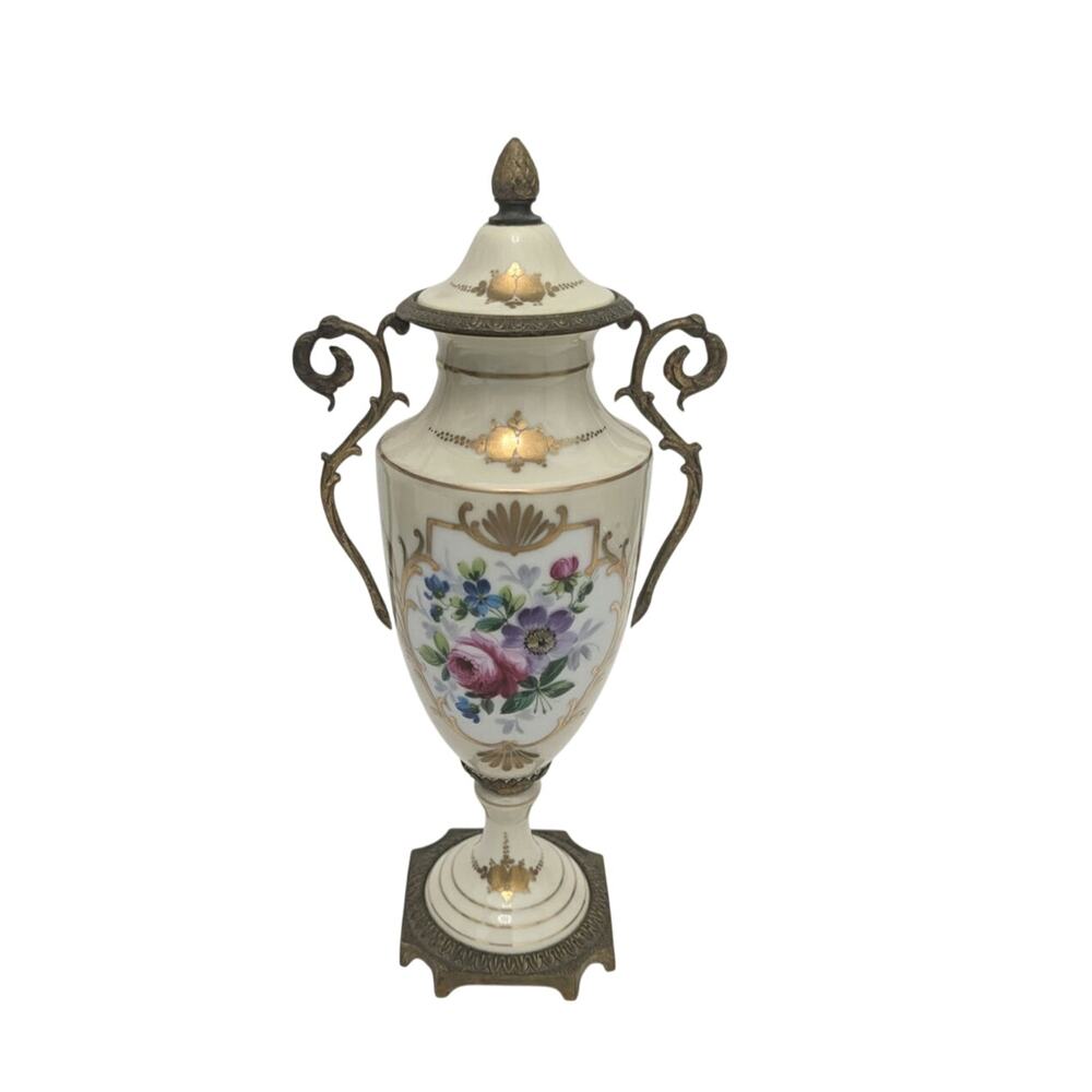 French Sèvres Style Porcelain Covered Urn Hand Painted Floral Vase 12.25"